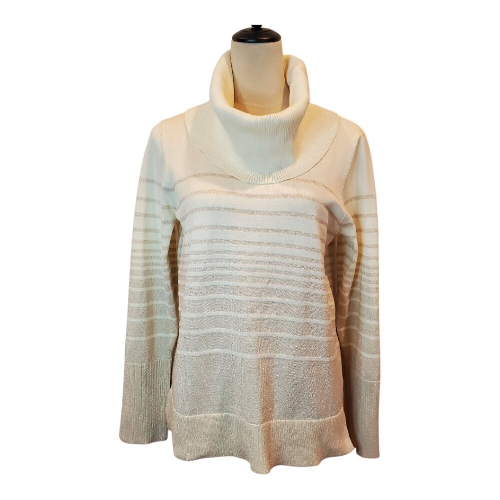 CABLE & GAUGE Cowl Neck Sweater Tan Gold Metallic Sparkle & Cream Striped - Picture 3 of 7